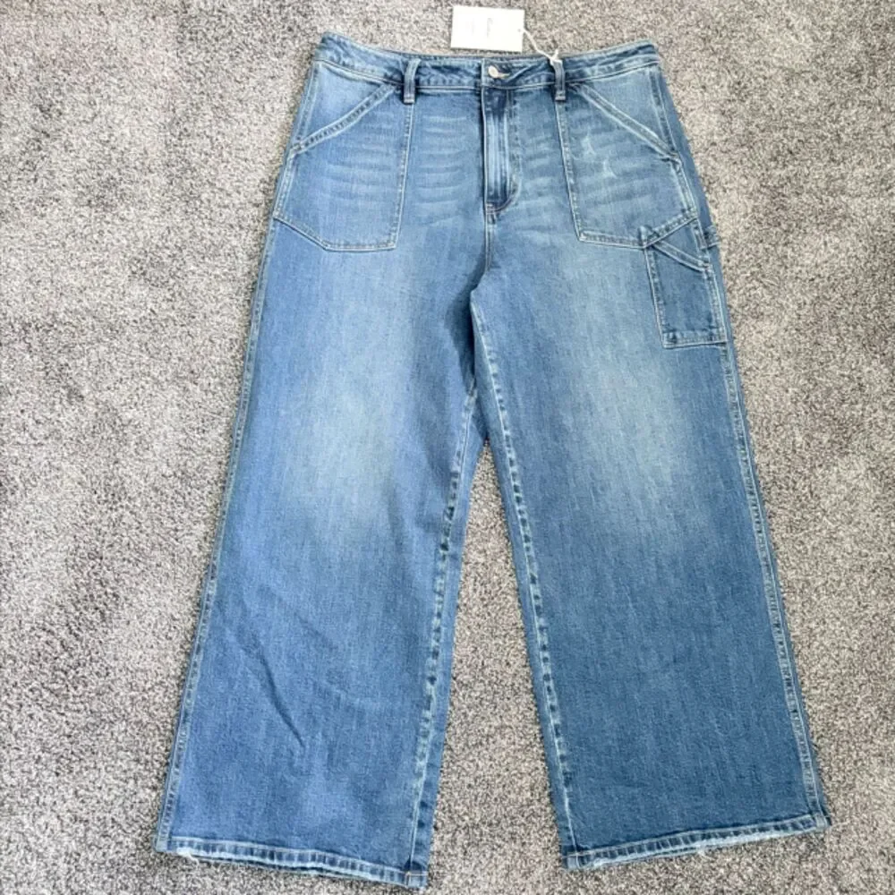 Kancan Wide Leg Cargo Jeans NWT Size 12 Medium Wash High Rise Utility Denim